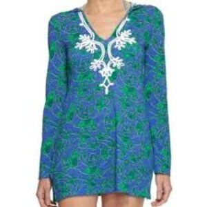 Lilly Pulitzer Sz XS Knit Tunic Hoodie Long Sleeve Elephants Print Blue/Green